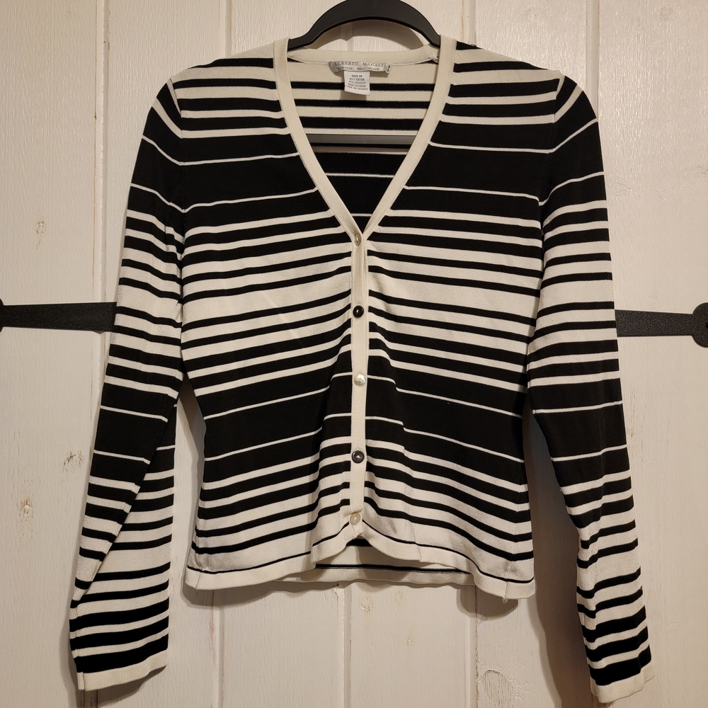 Alberto Makali Womens Sweater Black White Striped Cardigan Long Sleeve Size M